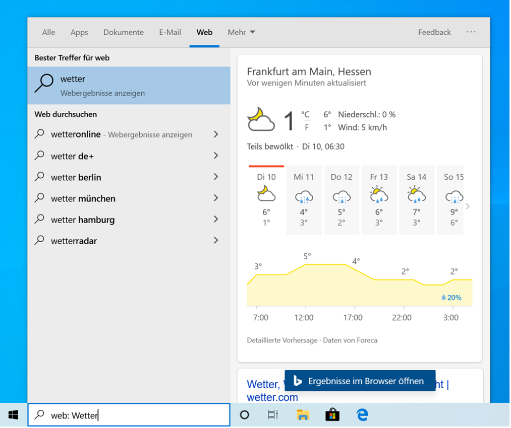 Showing weather for Frankfurt, right in the taskbar.