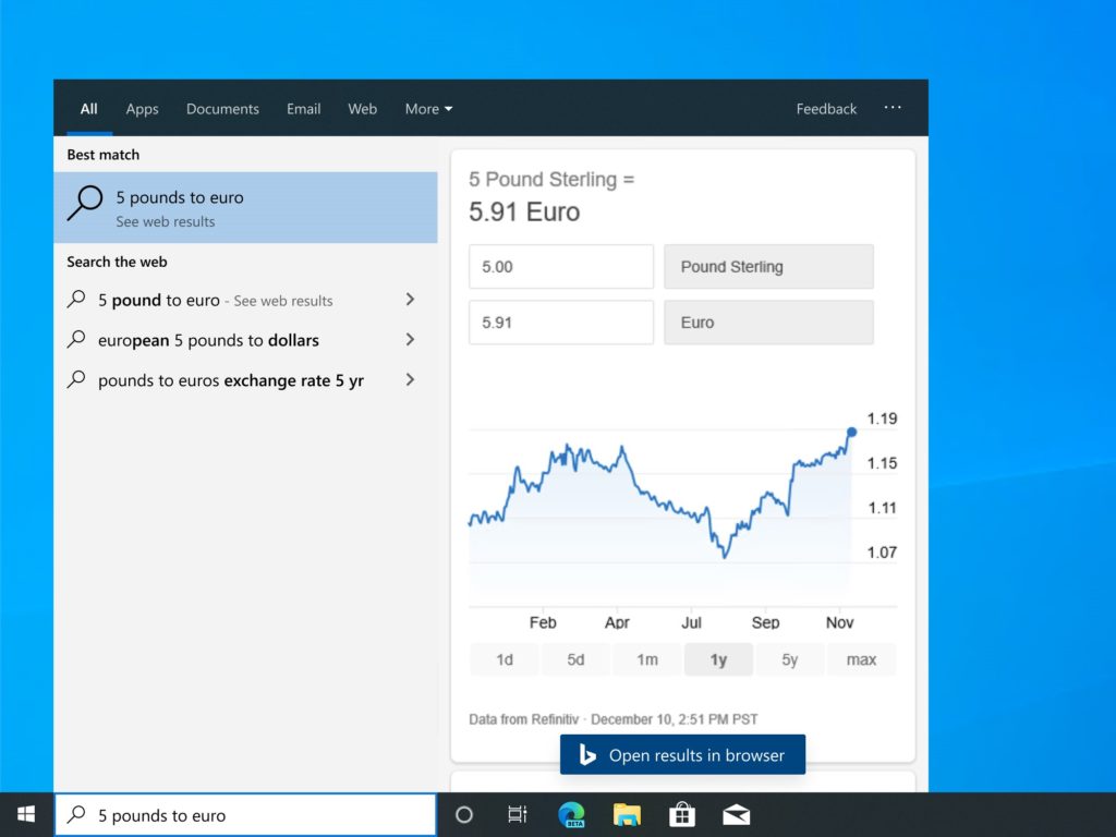 Screenshot showing conversion of 5 pound sterling to 5.91 euro in search