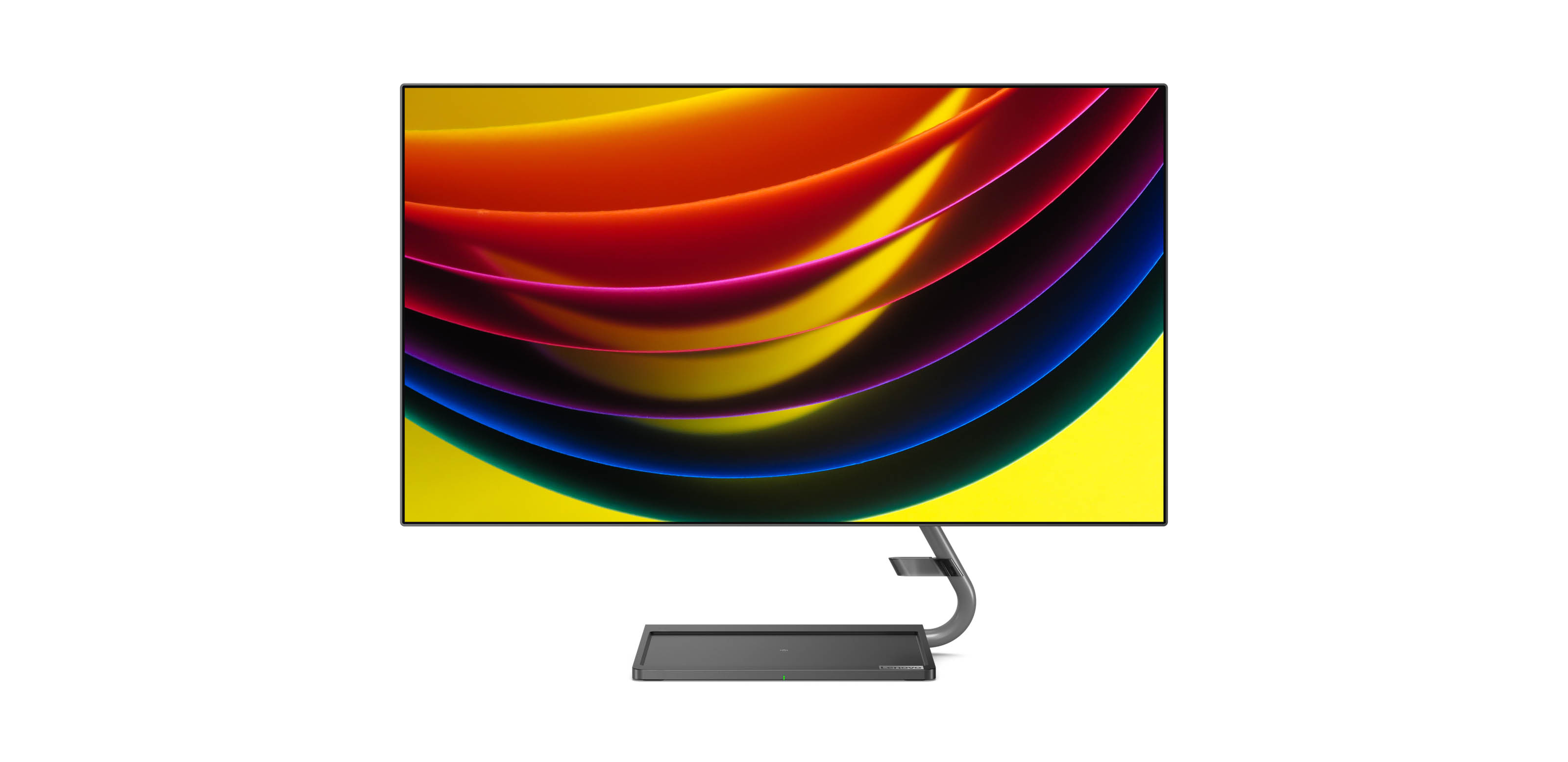 Photo of the Lenovo Qreator 27 Monitor, facing forward with streams of colors on its display