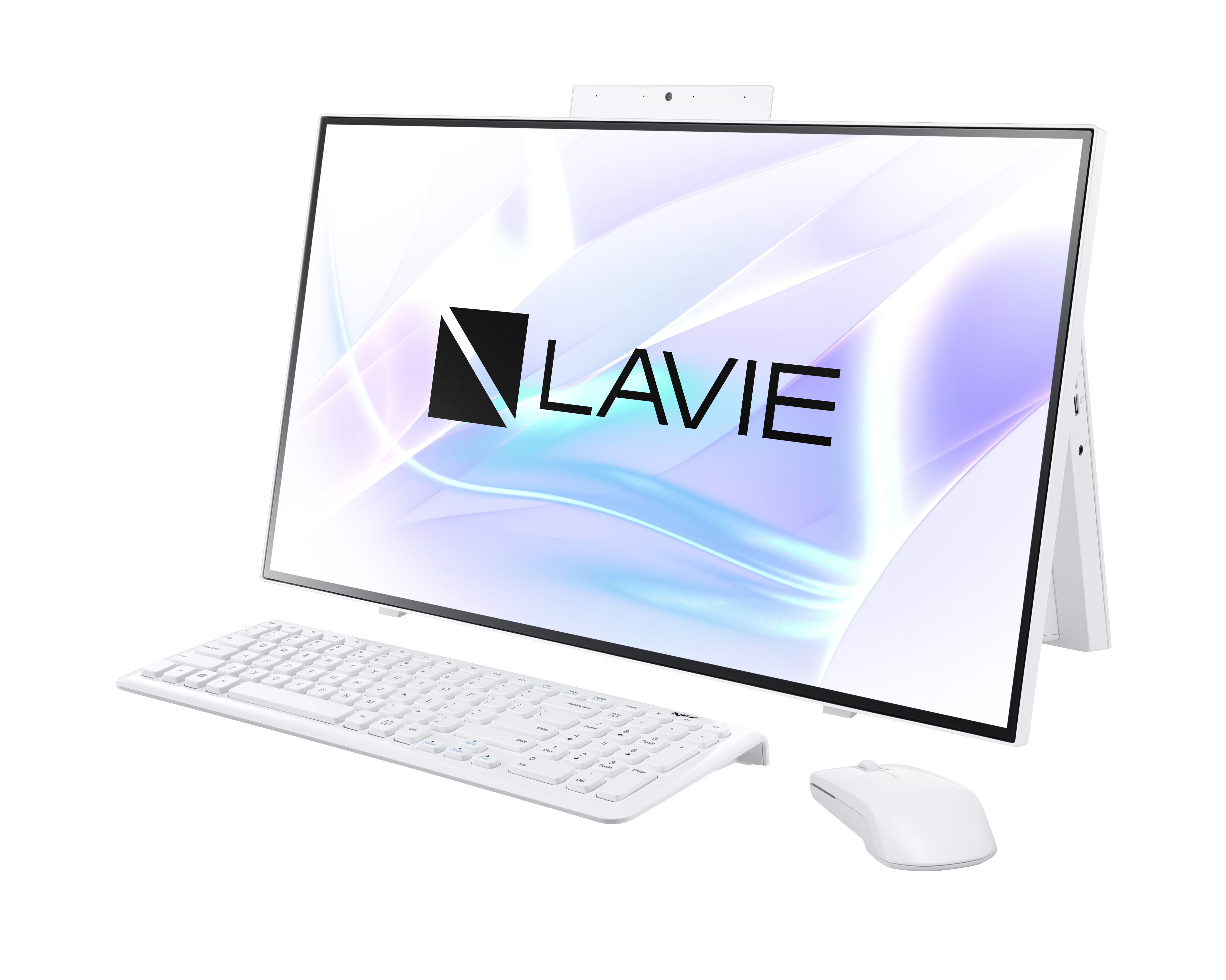 Photo of the LAVIE Home All-in-one, angled slightly left to show the monitor, keyboard and mouse