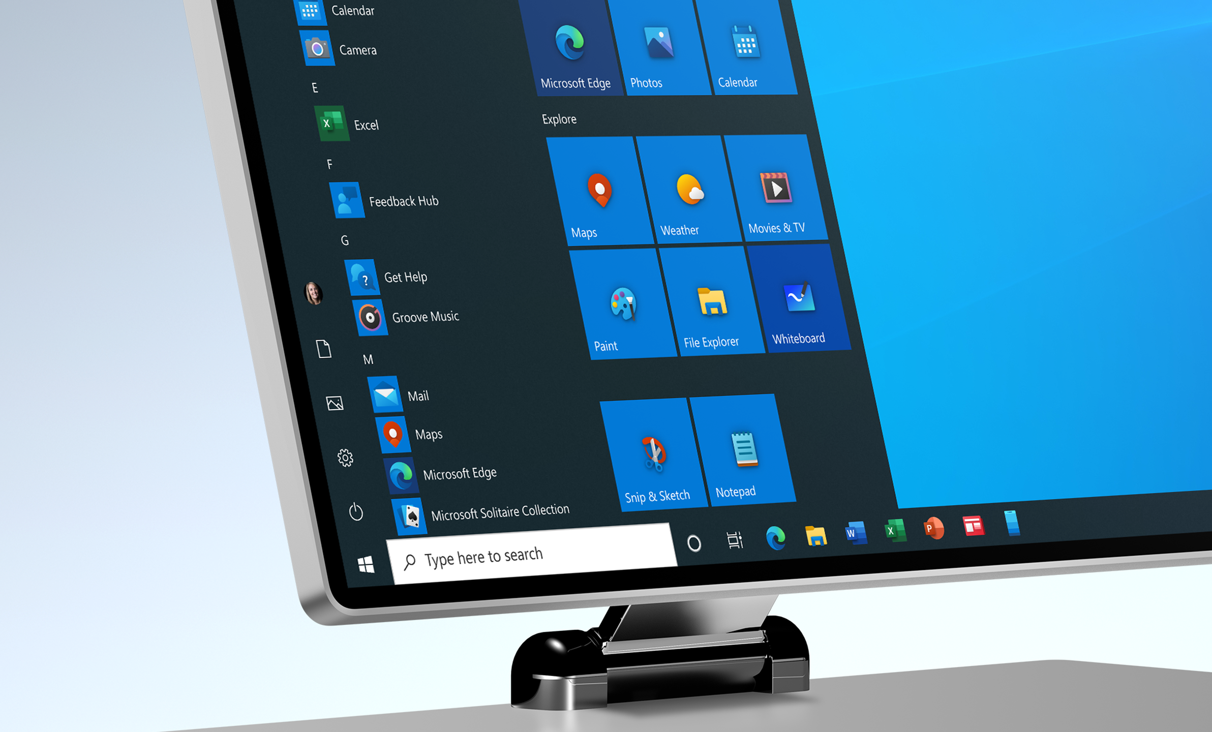The Windows 10 Start menu showing many of the newly designed icons for the built-in apps.