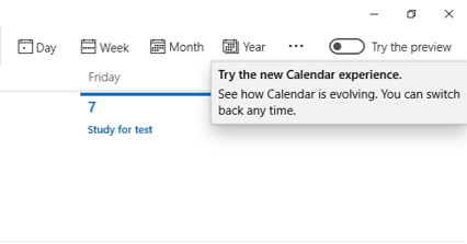 The toggle to try the new Calendar experience inside of the Calendar app.