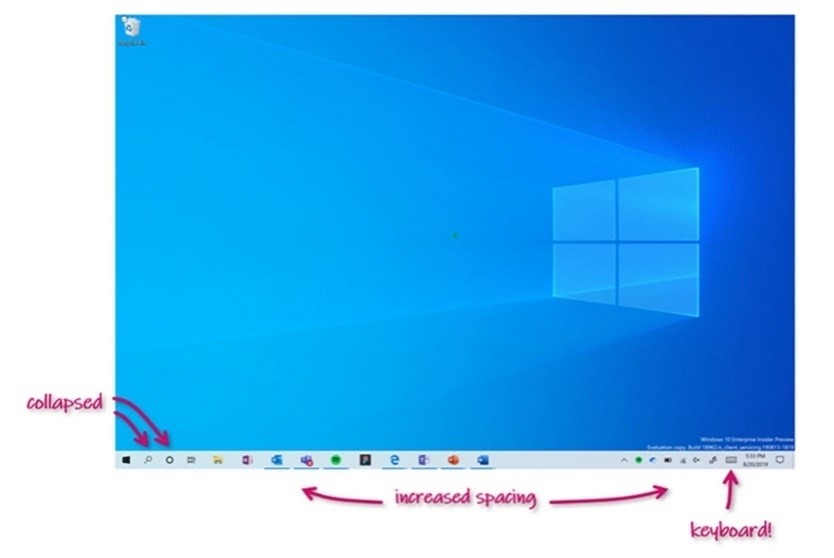 Screenshot showing improvements to tablet posture, like collapsed search, increased spacing between icons, and a touch keyboard option in your Taskbar.
