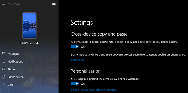 Screen showing settings to turn on cross-device copy and paste feature.