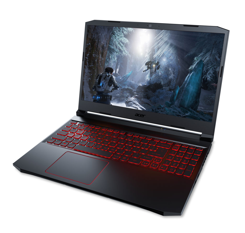 Acer Nitro 5 open and facing slightly left with red light under keyboard