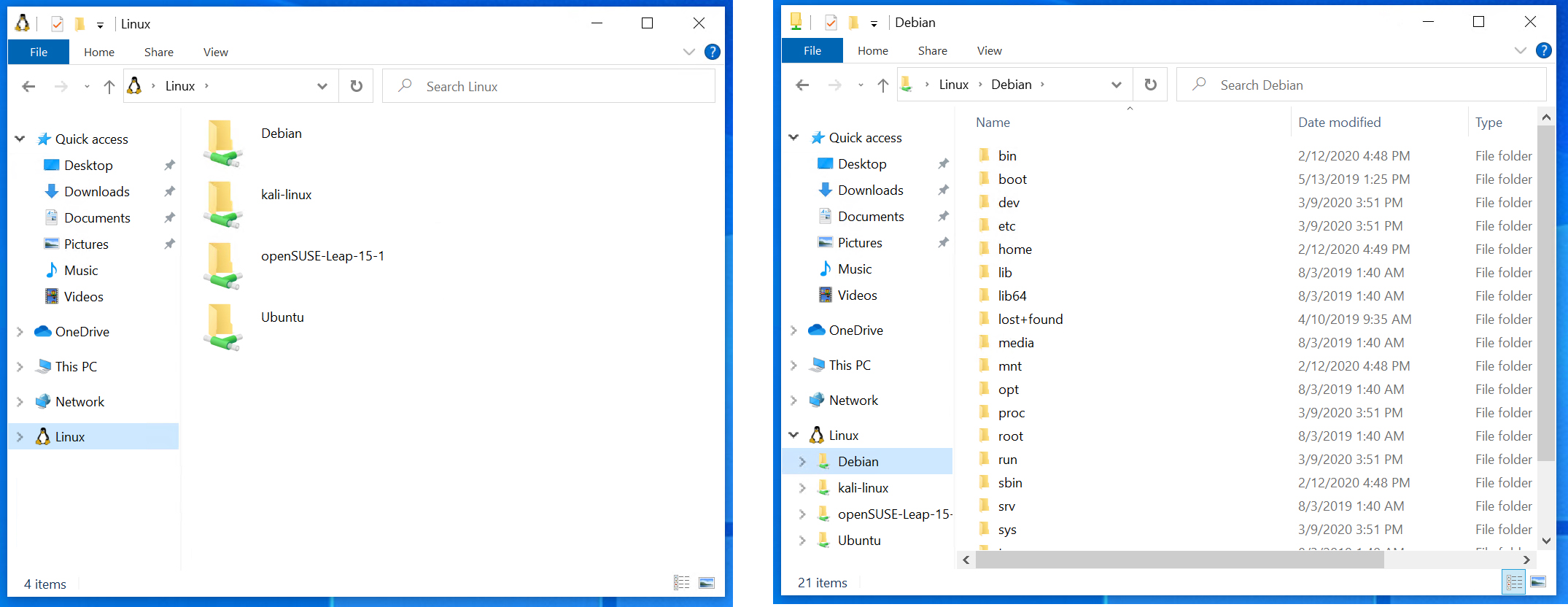 Showing the folders under the Linux section in File Explorer. 