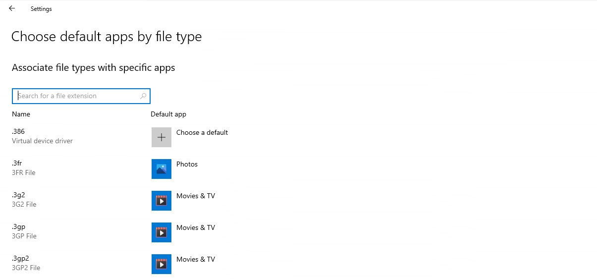 Showing the Choose default apps by file type Settings window, now with a search box.