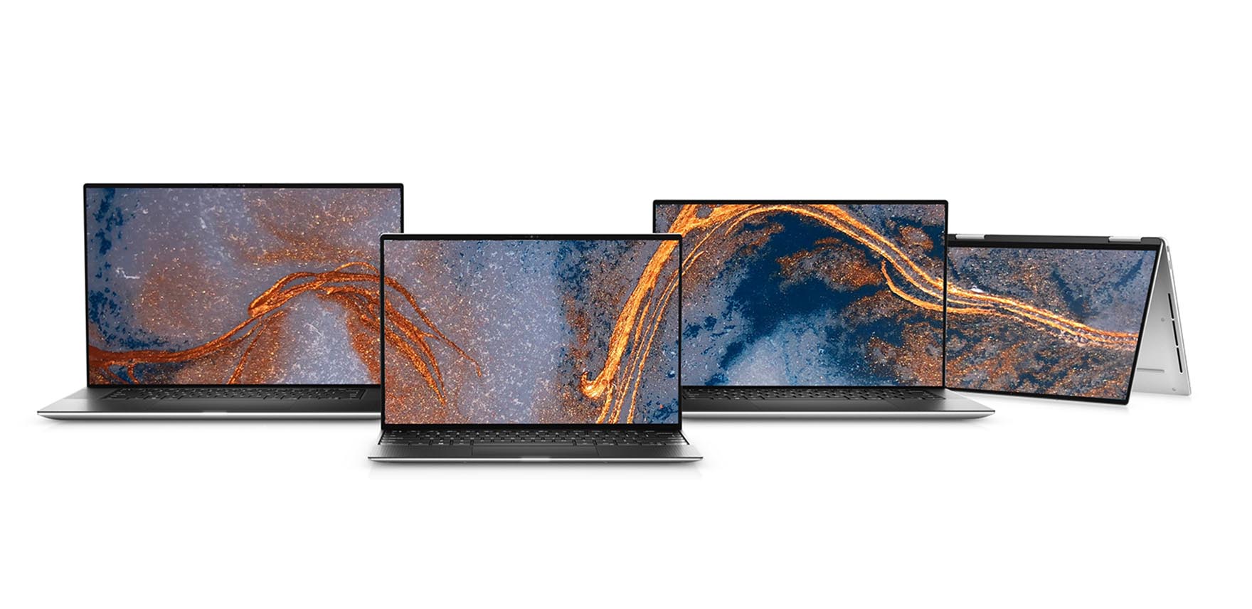 Four Dell XPS laptops open in different positions