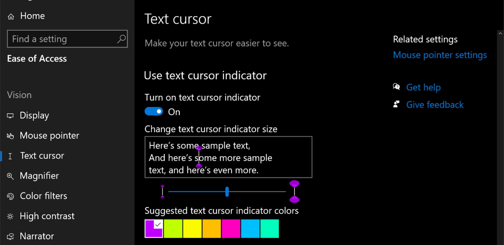 New Ease of Access settings that make text cursors easier to see and use