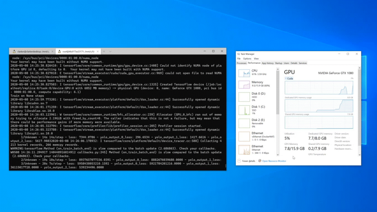 A TensorFlow Docker container running an ML training script inside WSL 2 along with Task Manager showing GPU activity.