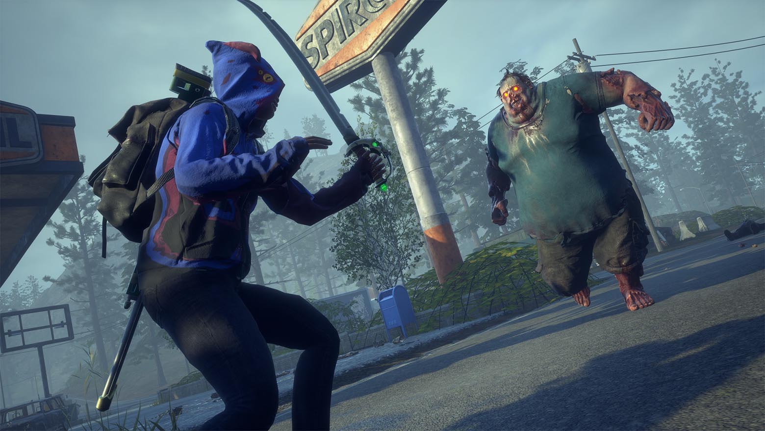 Hooded player wielding a sword against a zombie