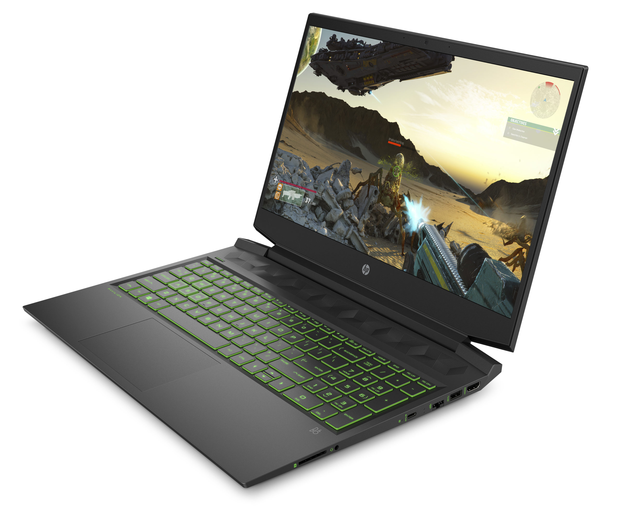 HP Pavilion Gaming 16 laptop, open and facing left, showing keyboard lit in green and game on screen