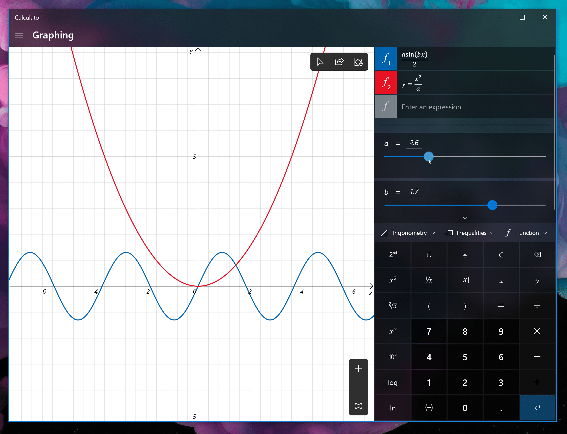 Windows Calculator showing multiple equations with variables plotted on the graph as the variables update live.