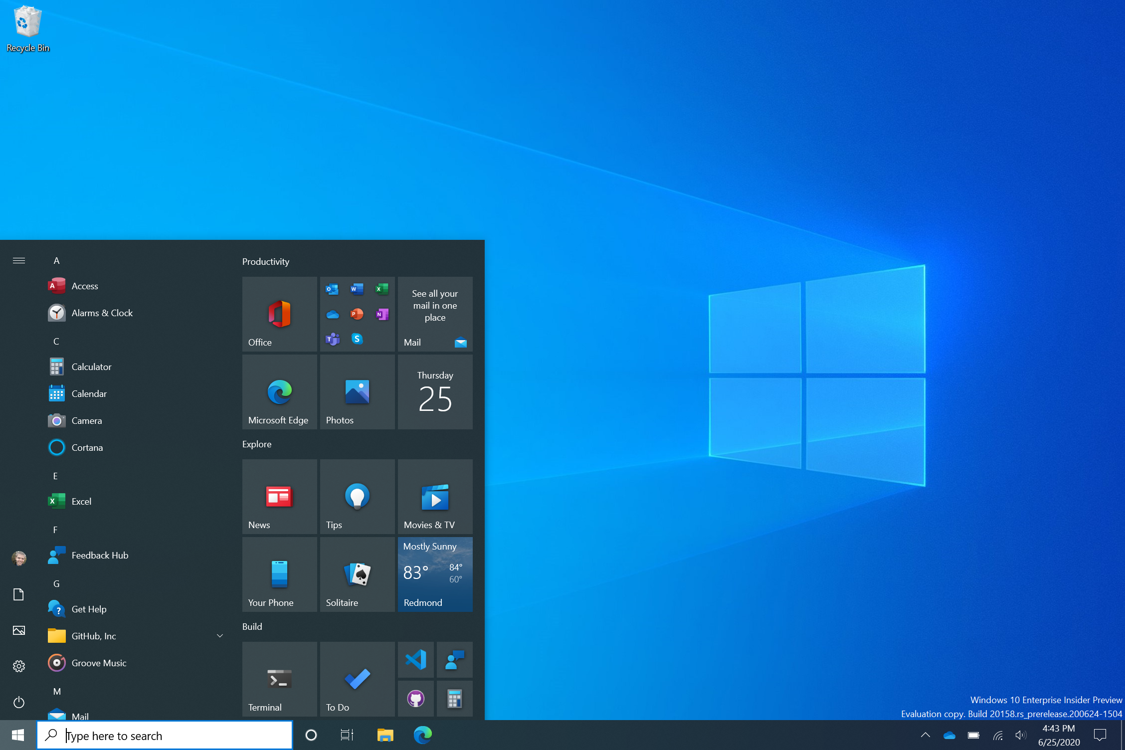 Windows 10 Start menu in dark theme.