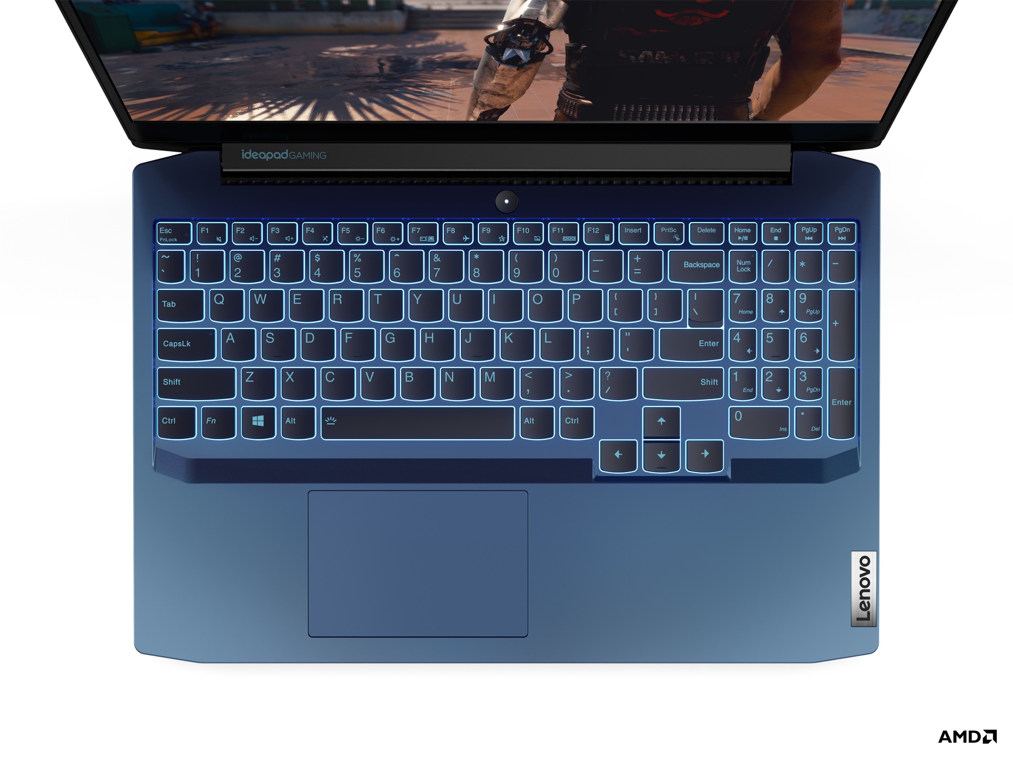 Lenovo IdeaPad Gaming 3  laptop, open to a close-up of its blue-lit keyboard from above