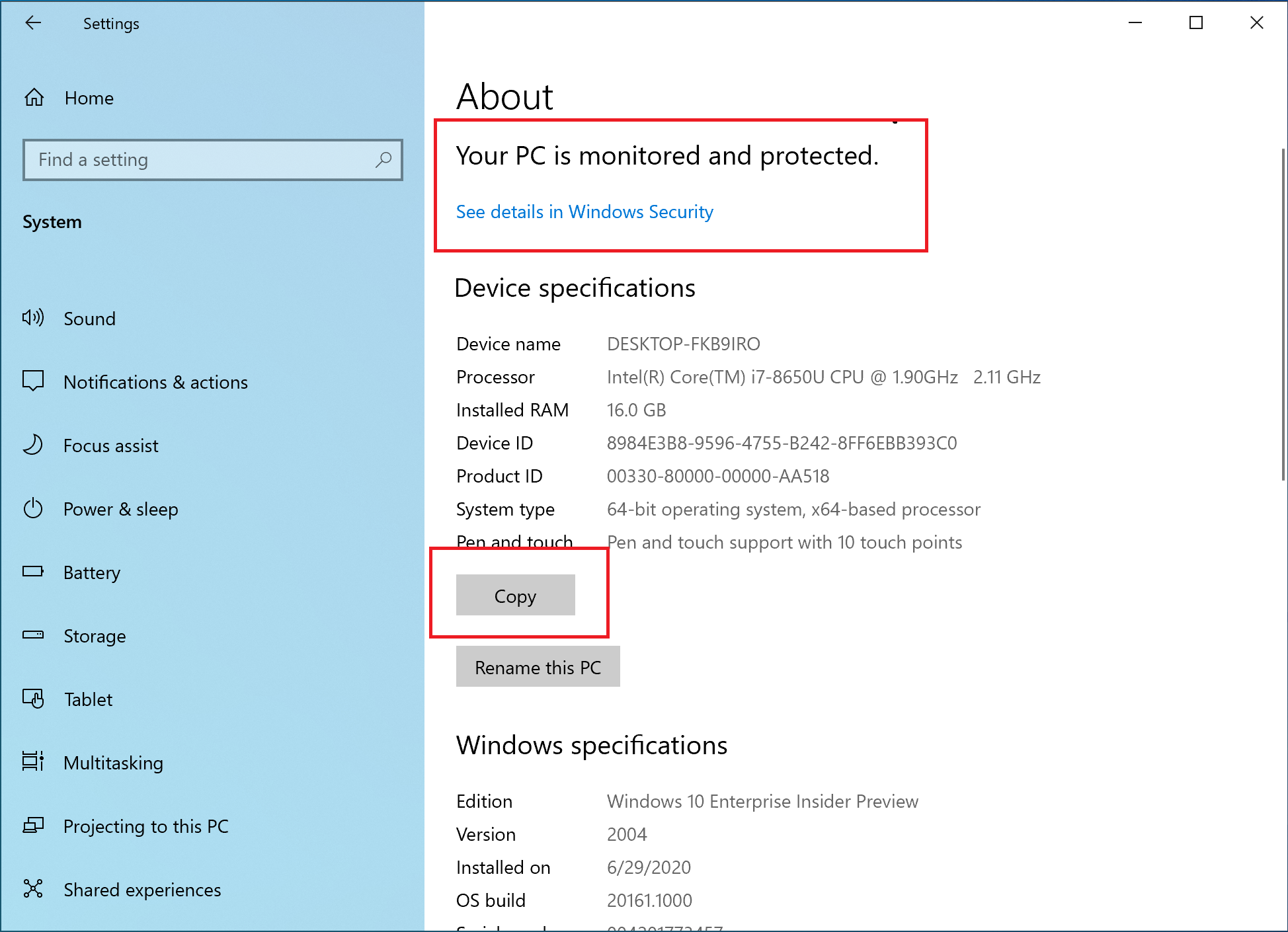 Device information is now copyable and security information is streamlined under Settings > System > About.