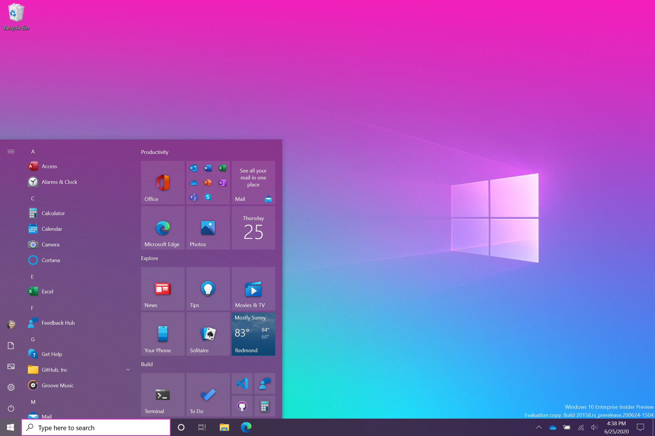 Windows 10 Start menu in colorful theme.