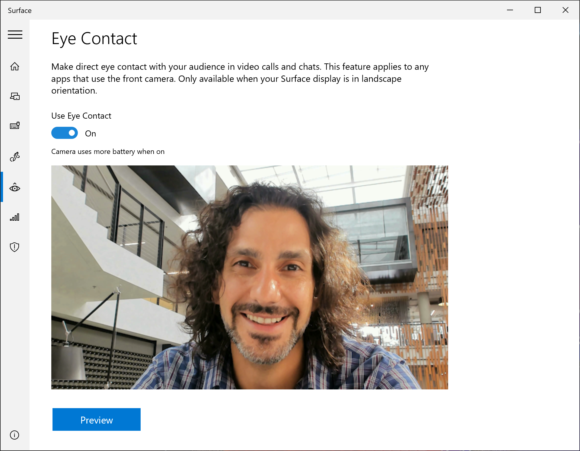 Turn on Eye Contact on the Surface Pro X via the Surface app.