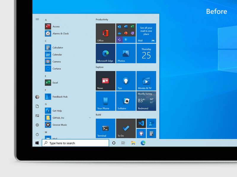 Before and After: Windows 10 Start menu in dark theme.