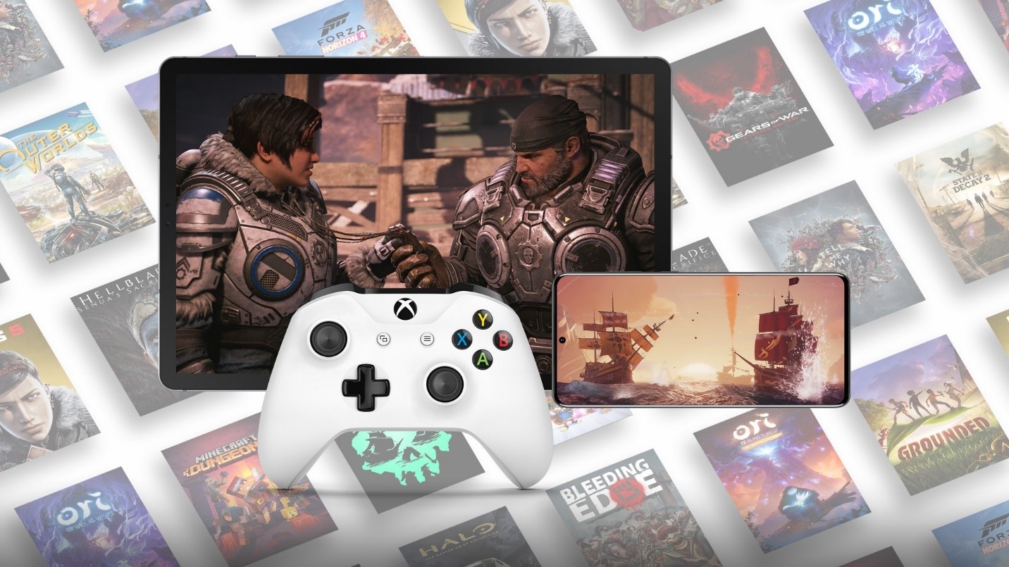 Game screenshot shown on PC display and phone, along with a white Xbox controller, with game covers in the background