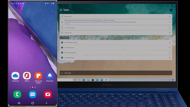 GIF shows Samsung Reminders opening up on the phone from Tasks on the PC laptop