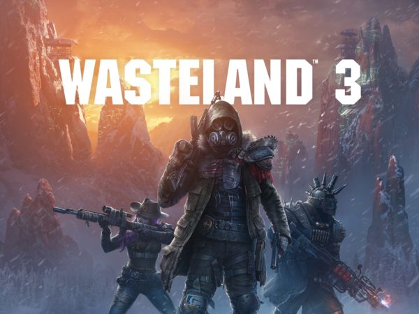Three armed figures in post apocalyptic gear stand in a wasteland