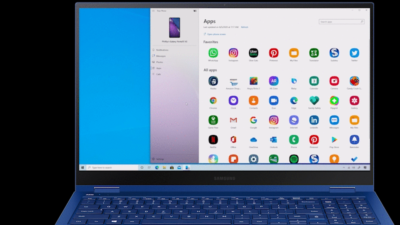 GIF shows Your Phone app, showing mobile apps on PC screen