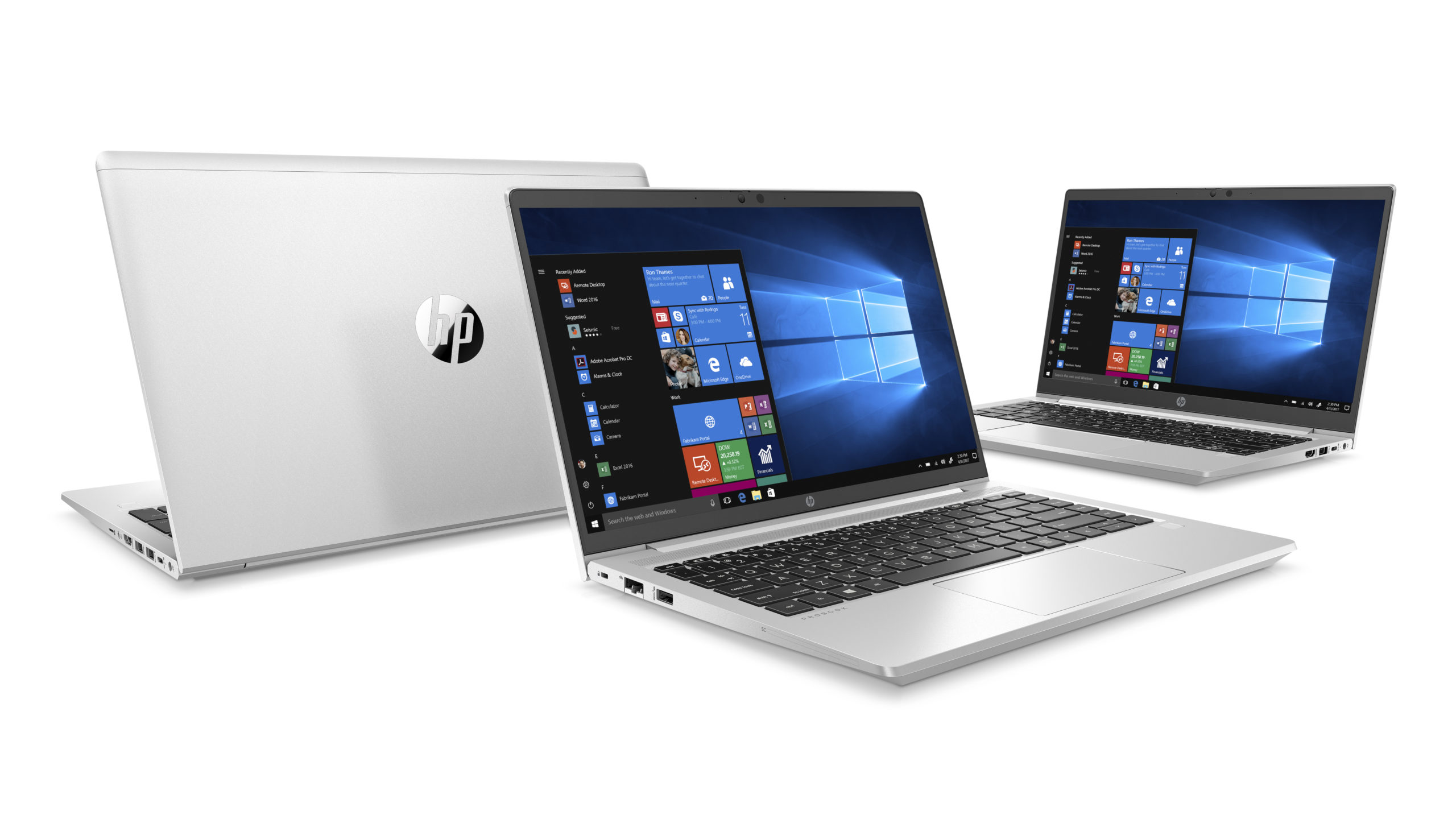 Three HP ProBook 600 G8 laptops open on a flat surface