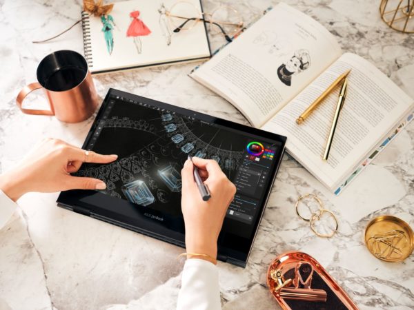 Woman using stylus on ZenBook Flip S to sketch