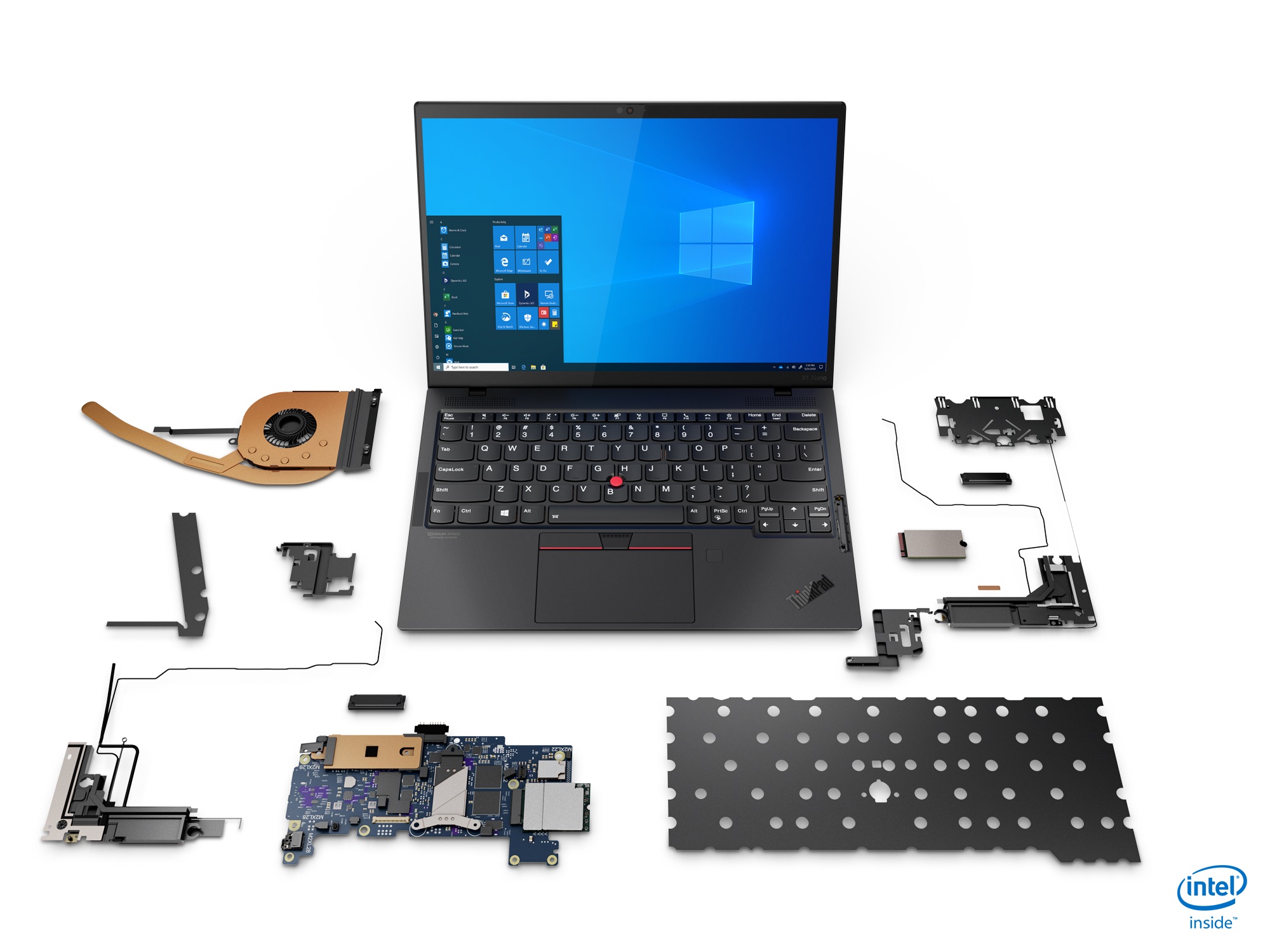 Lenovo ThinkPad X1 Nano open with its internal parts surrounding it