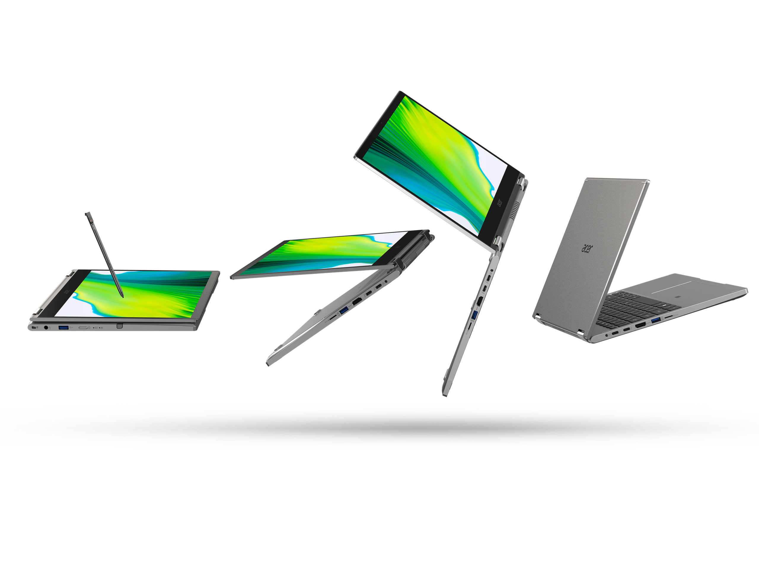 Acer Spin 3 shown in tablet, tent, laptop and stand modes floating