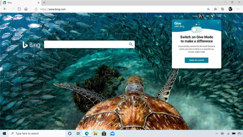 User interface for Give with Bing