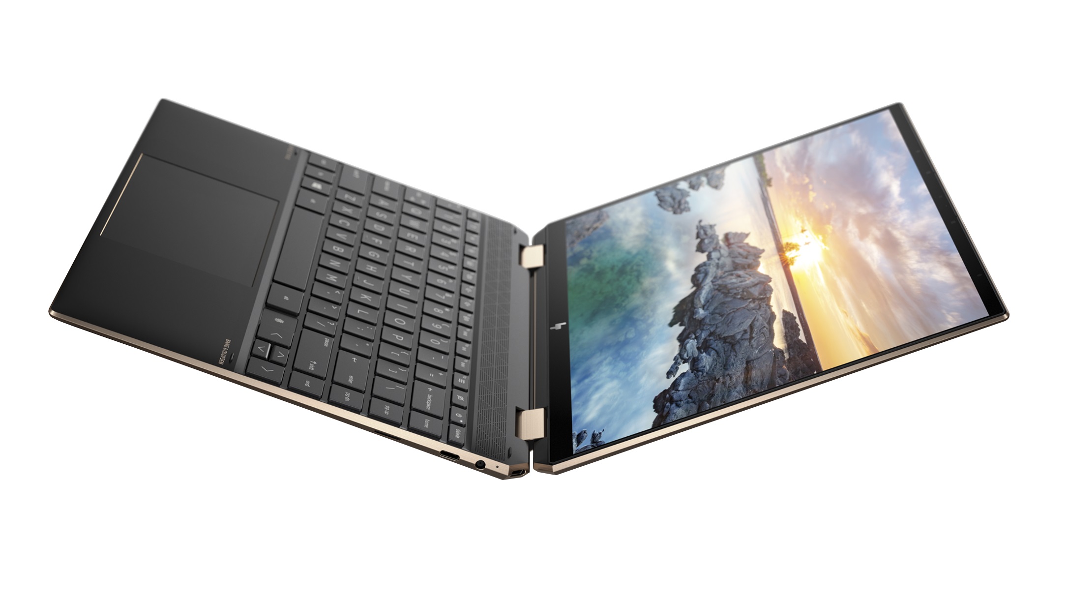HP Spectre x360 14 opened at an angle with the keyboard to the left