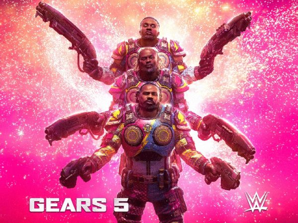 WWW Superstars stacked up from top to bottom with Gears 5 weapons