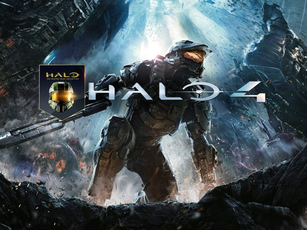 Soldier bathed in lights under Halo 4 logo