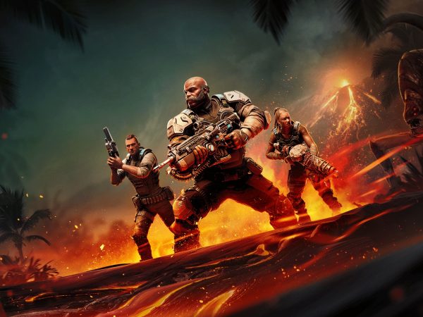 Gears 5 soldiers armed in the middle of lava fields