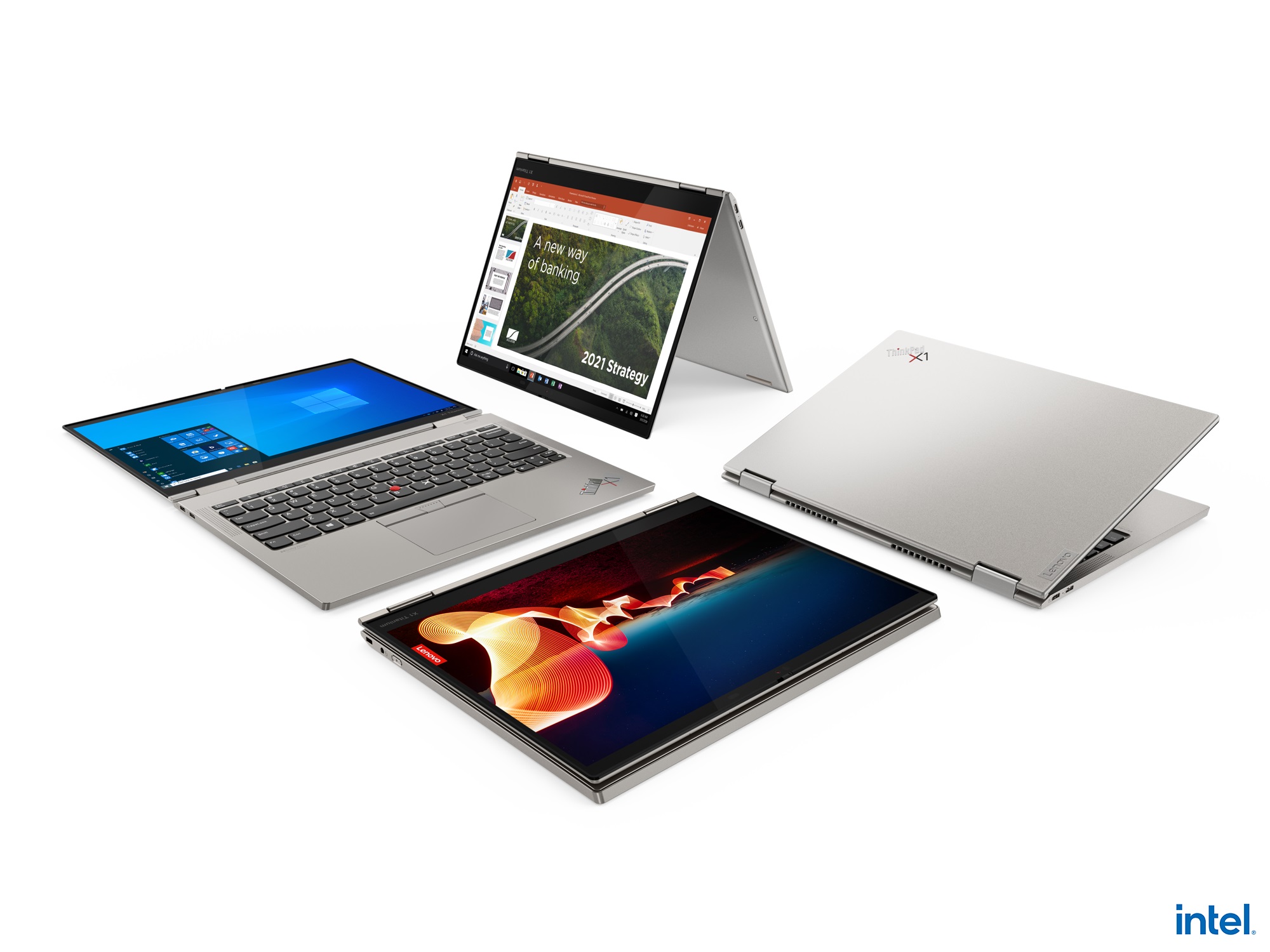 Four modes of Lenovo ThinkPad X1 Titanium: flat, tablet, tent and clamshell