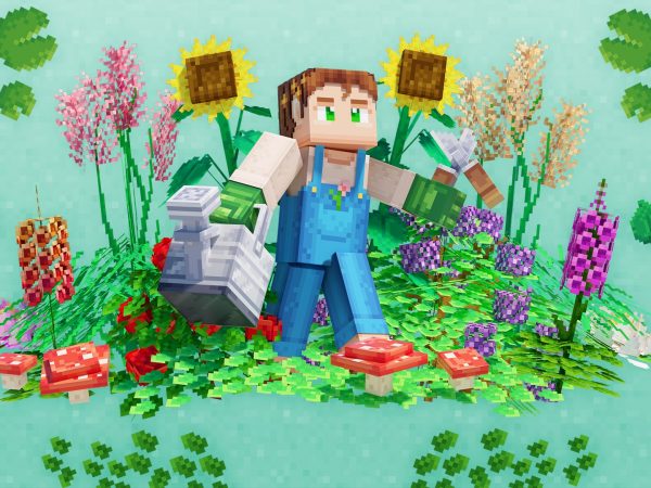 Minecraft farmer in overalls carrying a water pail in a blooming garden