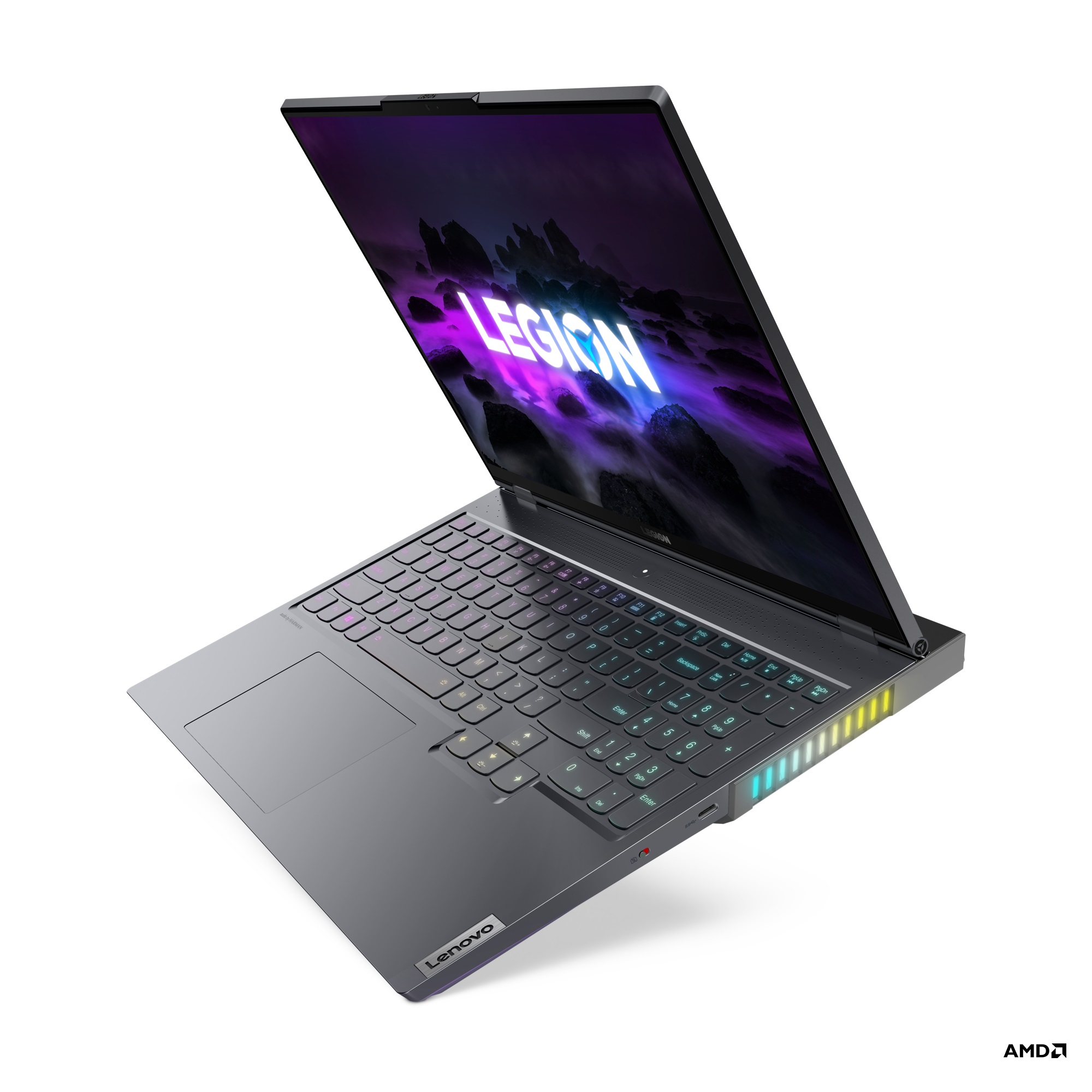 Lenovo Legion 7 open and facing left at an angle, floating