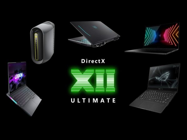 DirectX 12 logo in the center surrounded by gaming laptops