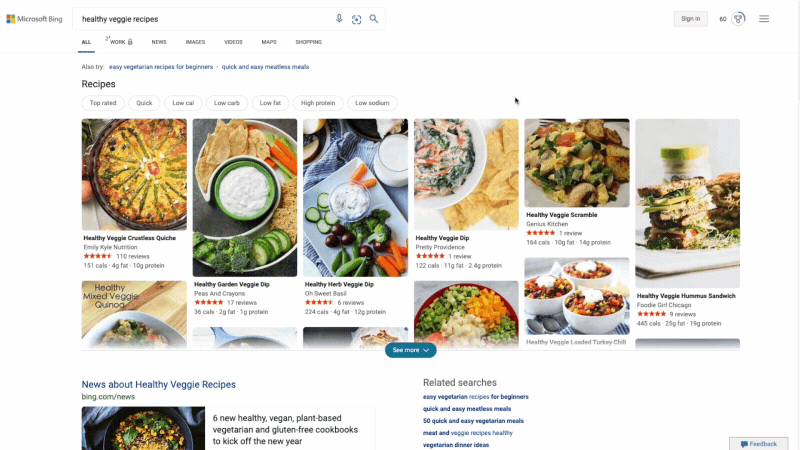 Bing search results for recipes
