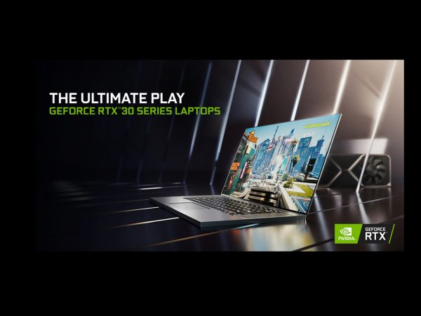GeForce RTX laptop open and facing left