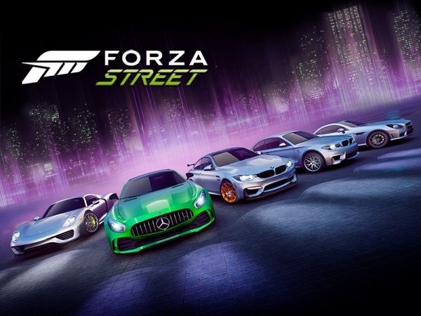 5 cars under Forza banner, with green Mercedes most prominent