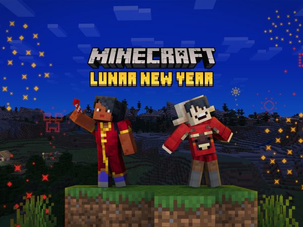 Two Minecraft characters standing under Lunar New Year banner