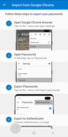 Animation of the experience of importing passwords from Google Chrome on Android