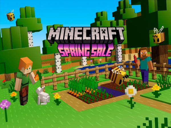 Minecraft Spring Sale sign above Minecraft garden and farmers