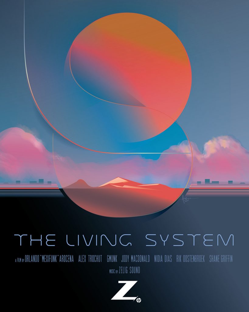 Movie poster with abstract moon and pink clouds