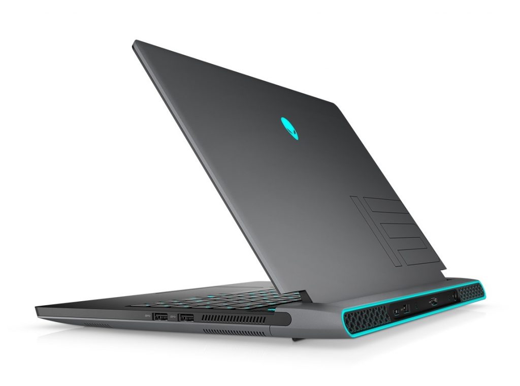 Alienware m15 R6 open, seen from the back at an angle