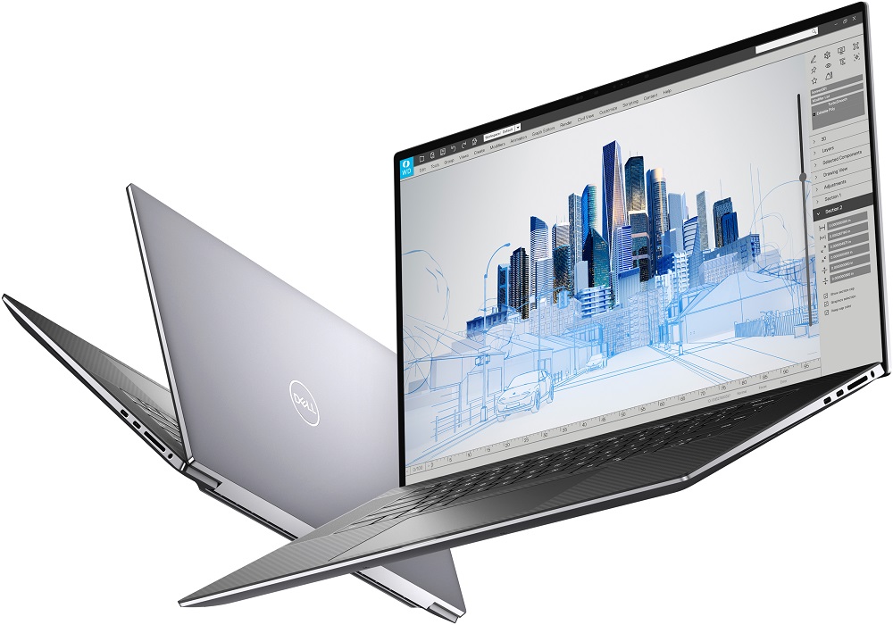 Two Dell Precision 5760 laptops floating in mid-air showing front and back