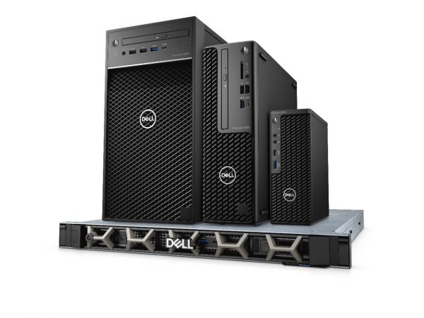 Dell Precision tower workstations side-by-side, three in a row